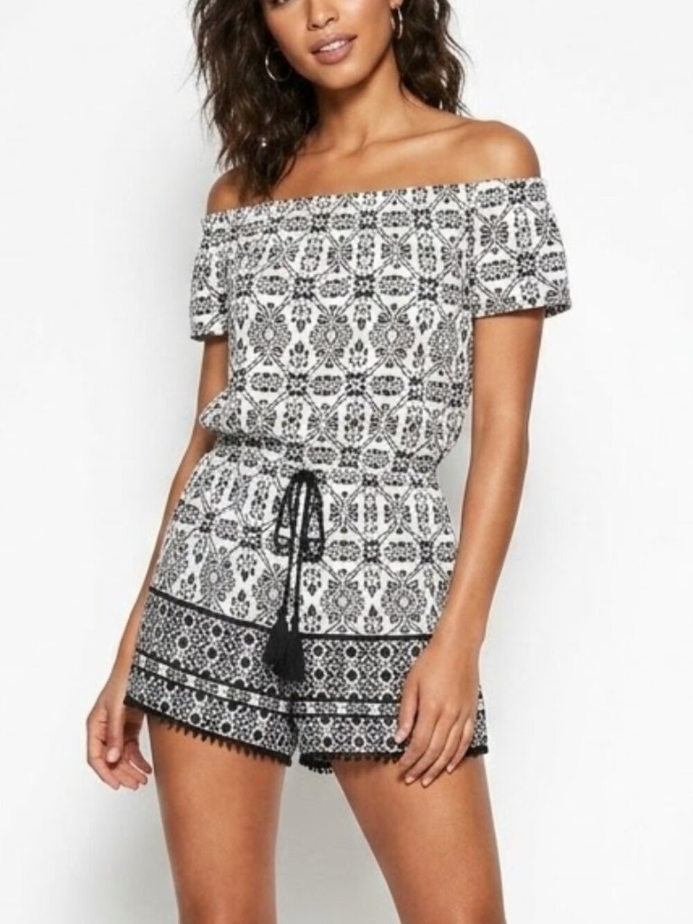 BEBOP Boho Medallion Print Off-Shoulder Romper Pom Trim XS